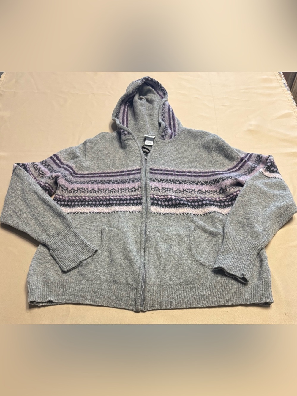 Women Zip Up Hoodie Sweater FashionBug Lambswool 18/20W Fair Isle Gray READ